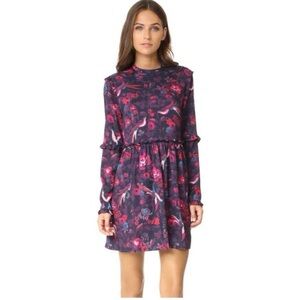Tanya Taylor Navra Purple & Blue Silk Mini Dress Lace Detail, Bell Sleeve US 10